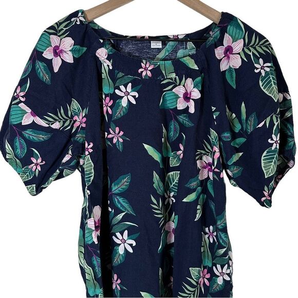 Old Navy | Navy Blue Floral Tropical Print Short Sleeve Blouse Women’s Large - Picture 7 of 8